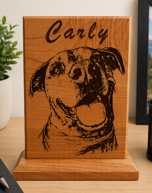 A personalized wooden plaque featuring a engraved portrait of a dog and the name 'Carly' at the top, displayed on a wooden stand on a desk.