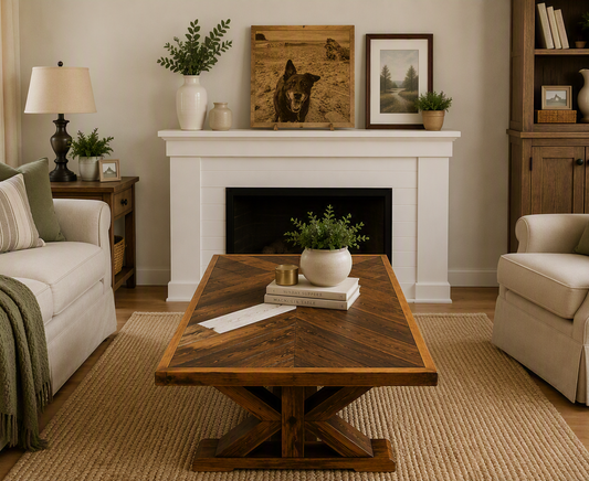 Rustic Farmhouse Reclaimed Wood Coffee Table with Trestle Base and Herring Bone Pattern