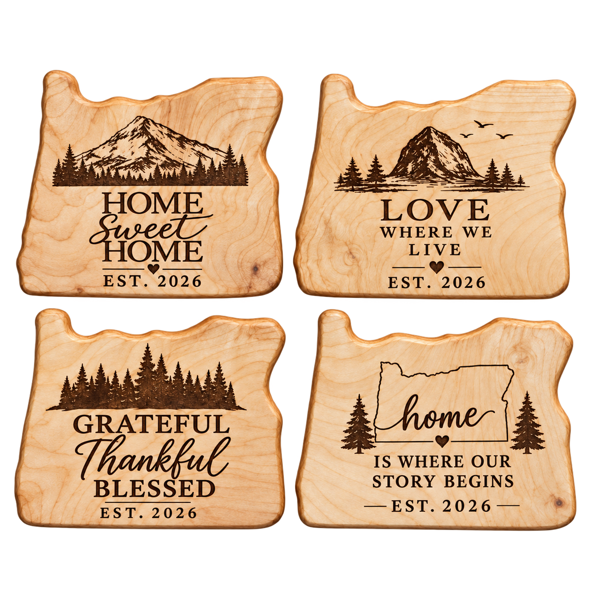 Four Oregon-shaped coasters shown as engraving examples.
