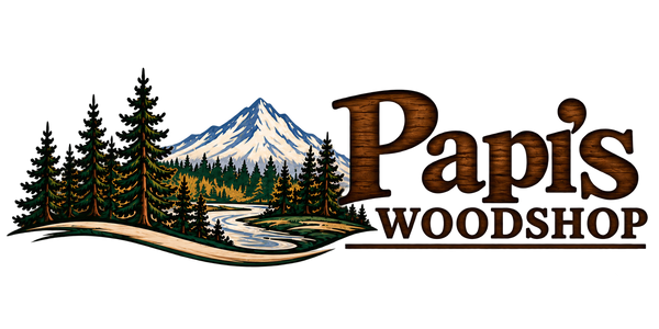 Papi’s Woodshop — Mount Hood, forest and river logo