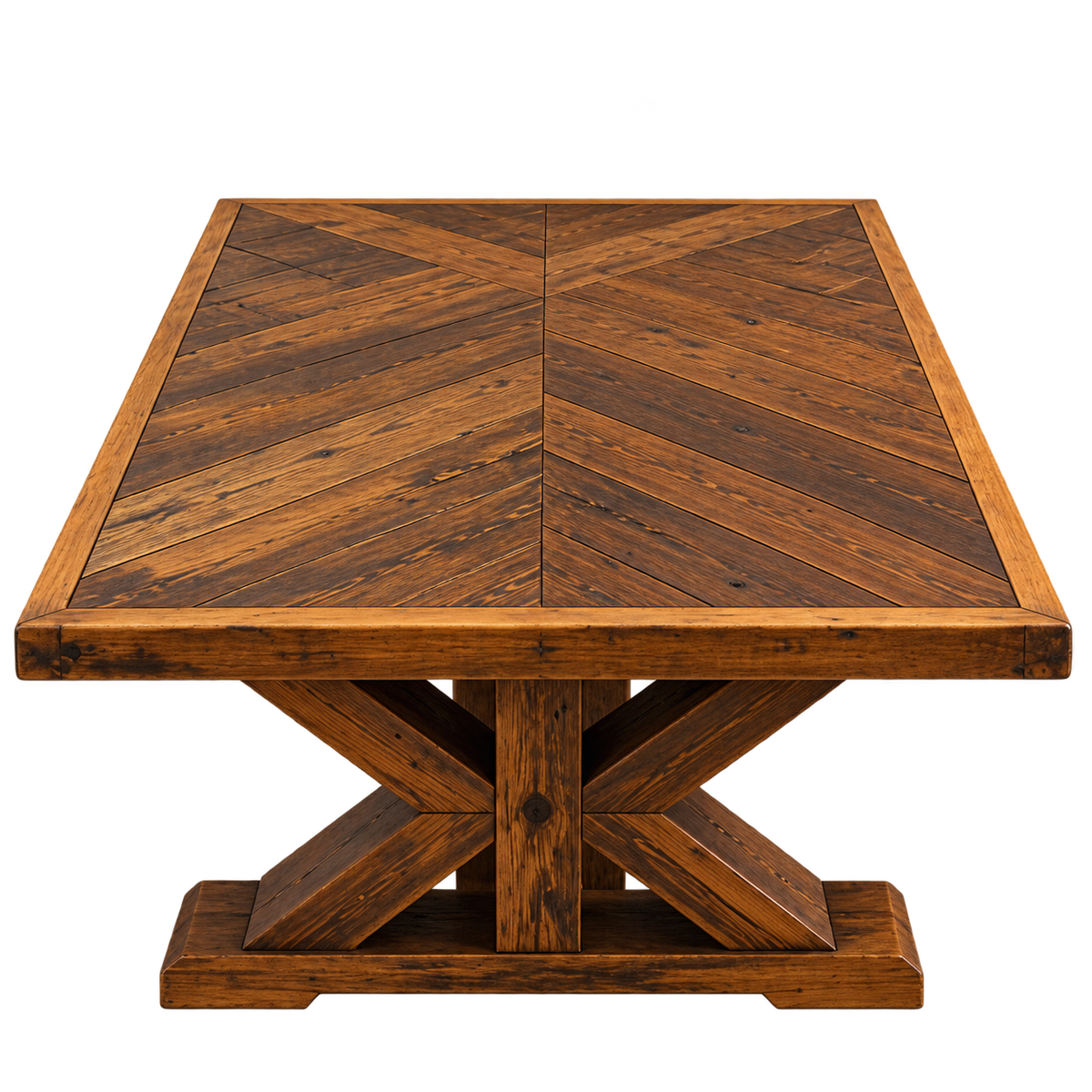 Reclaimed Wood Coffee Table — Herringbone & Trestle Base
