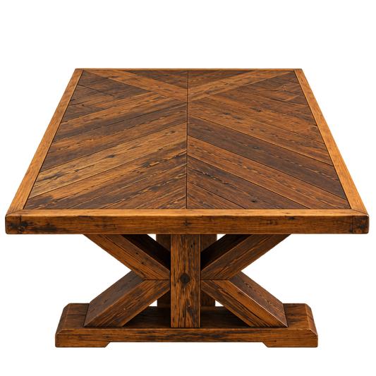 Reclaimed Wood Coffee Table — Herringbone & Trestle Base