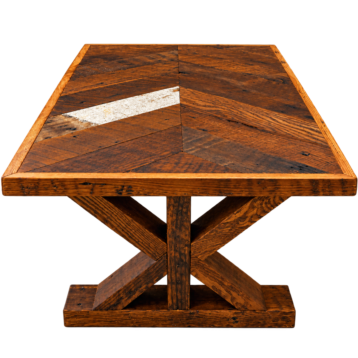 Reclaimed Wood Coffee Table — Herringbone & Trestle Base