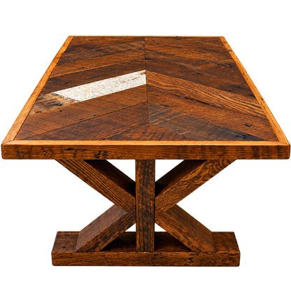 Reclaimed Wood Coffee Table — Herringbone & Trestle Base