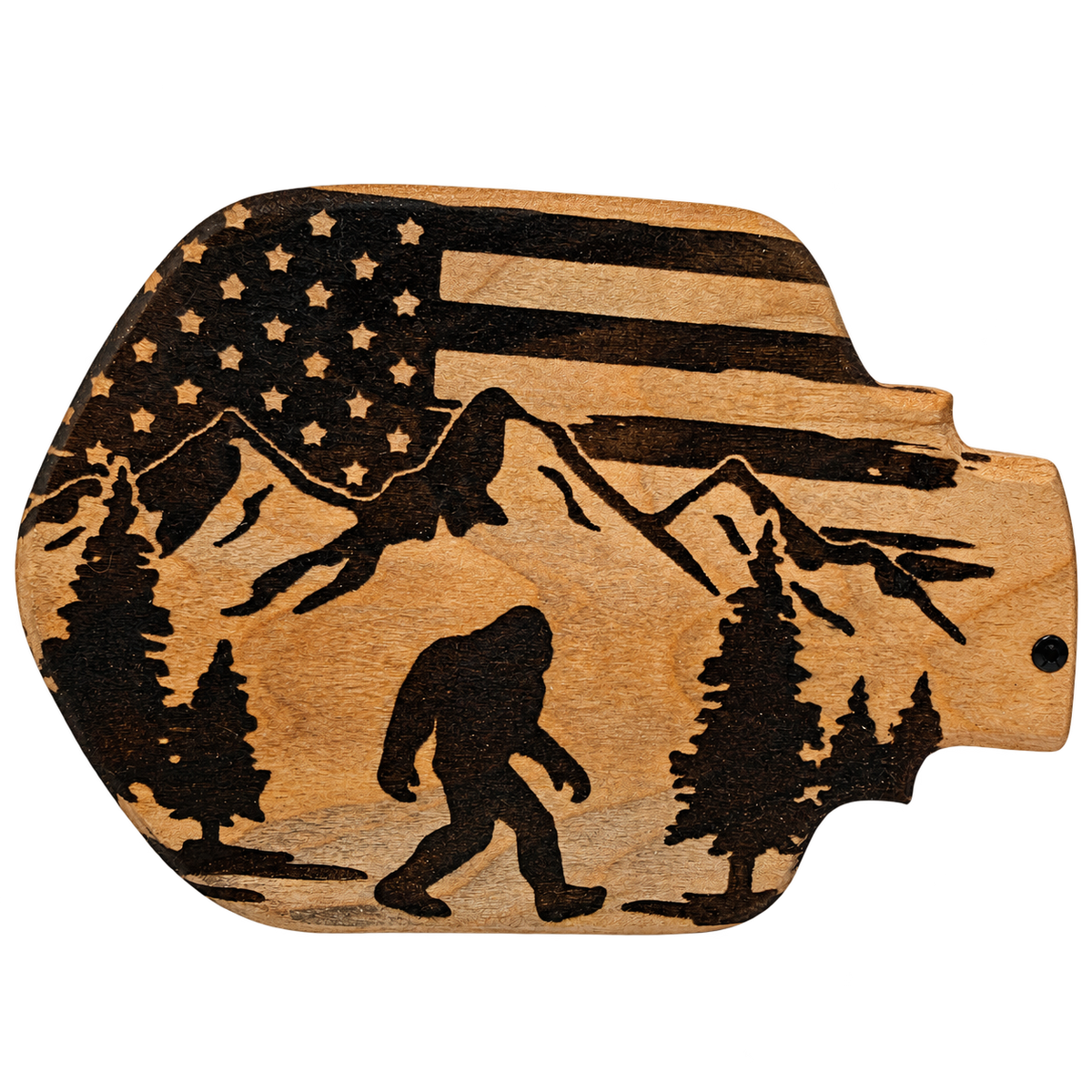 Design inspiration: Bigfoot with Flag and Mountain. Past-work example; choose your size and wood.